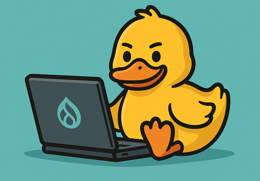 A duck working on a laptop