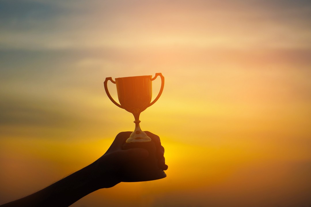 A trophy being held by a hand with a sunset background
