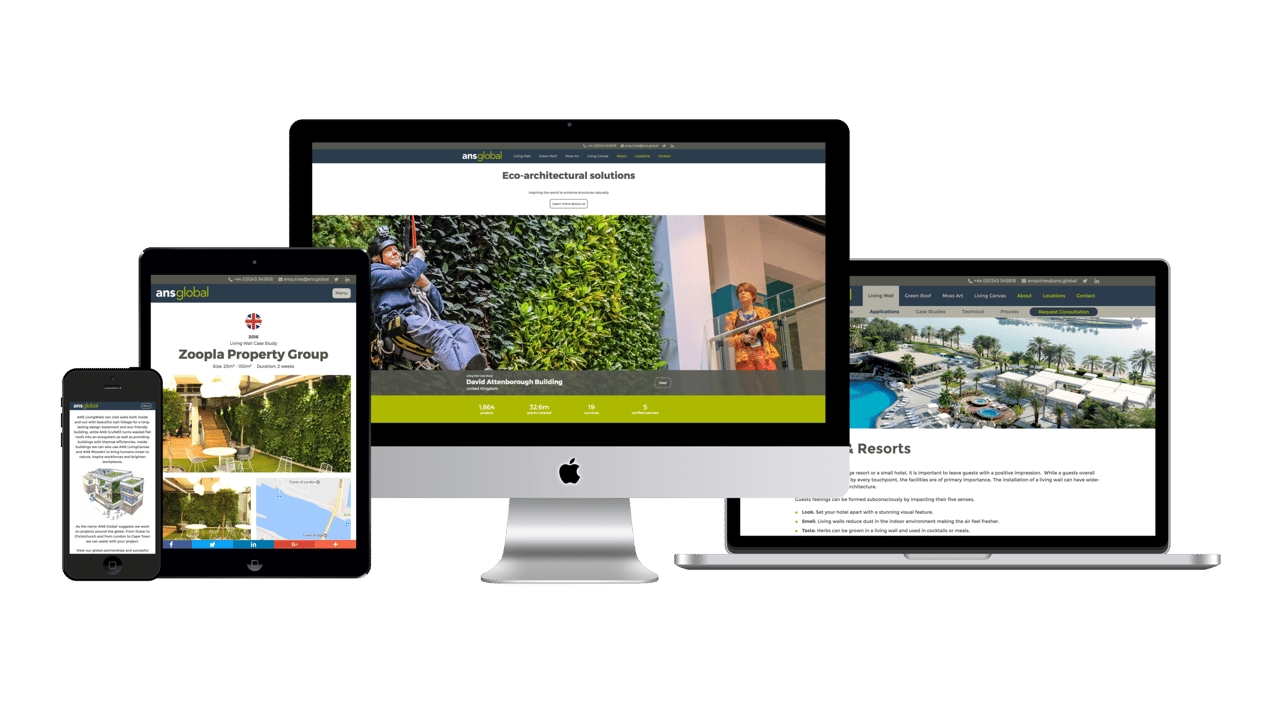 The ANS Global website on an iMac, a MacBook, an iPad and an iPhone.