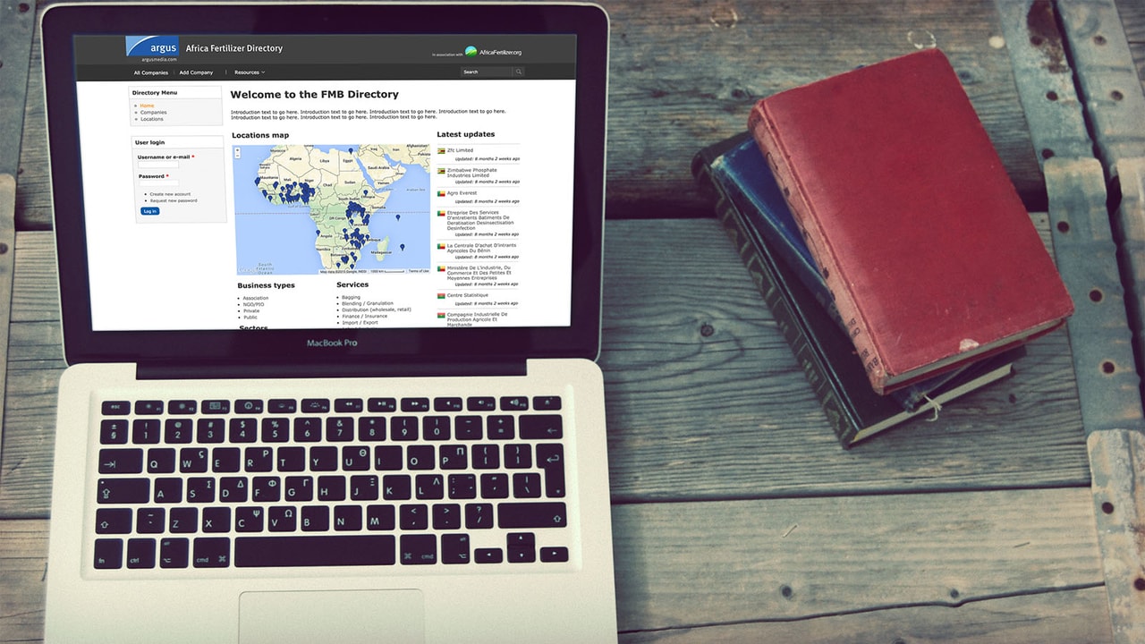 The Africa Fertilizer Directory home page, with its locations map, on a MacBook Pro.