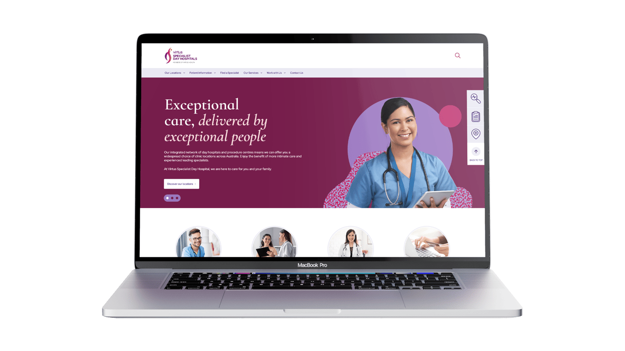 The Virtus Specialist Day Hospitals home page on a desktop screen.