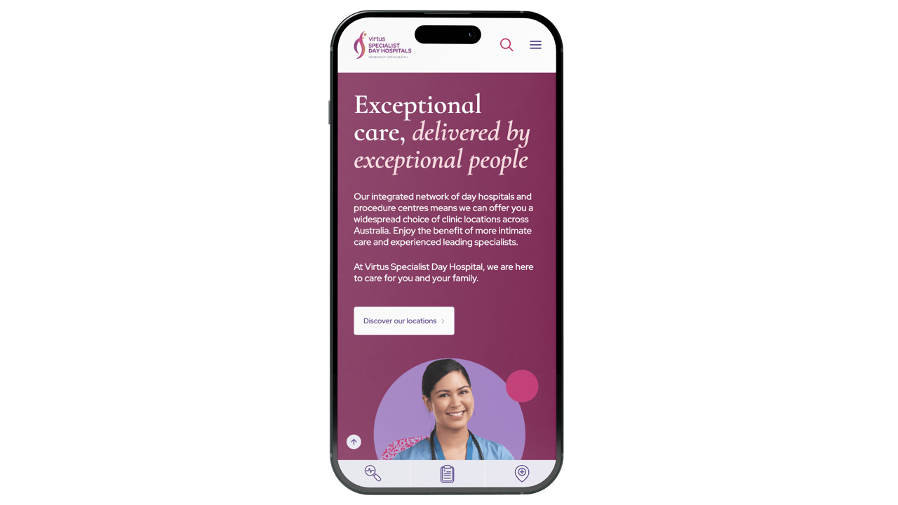 The Virtus Specialist Day Hospitals home page at mobile size.