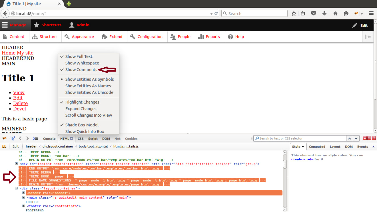 Inline template suggestions in Drupal 8’s new theme template debug mode.