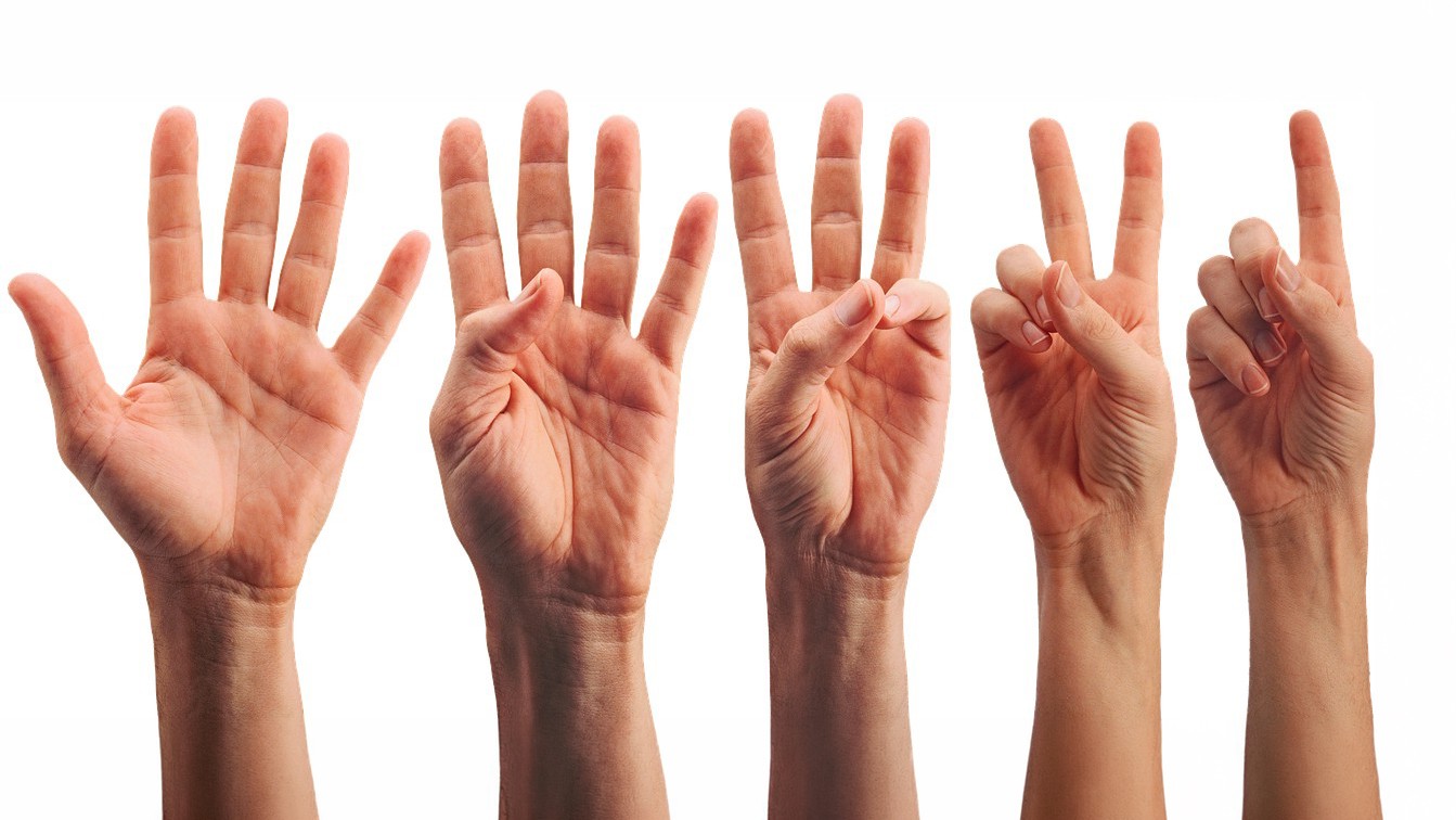 Five hands showing five through one digits elevated to indicate a countdown.