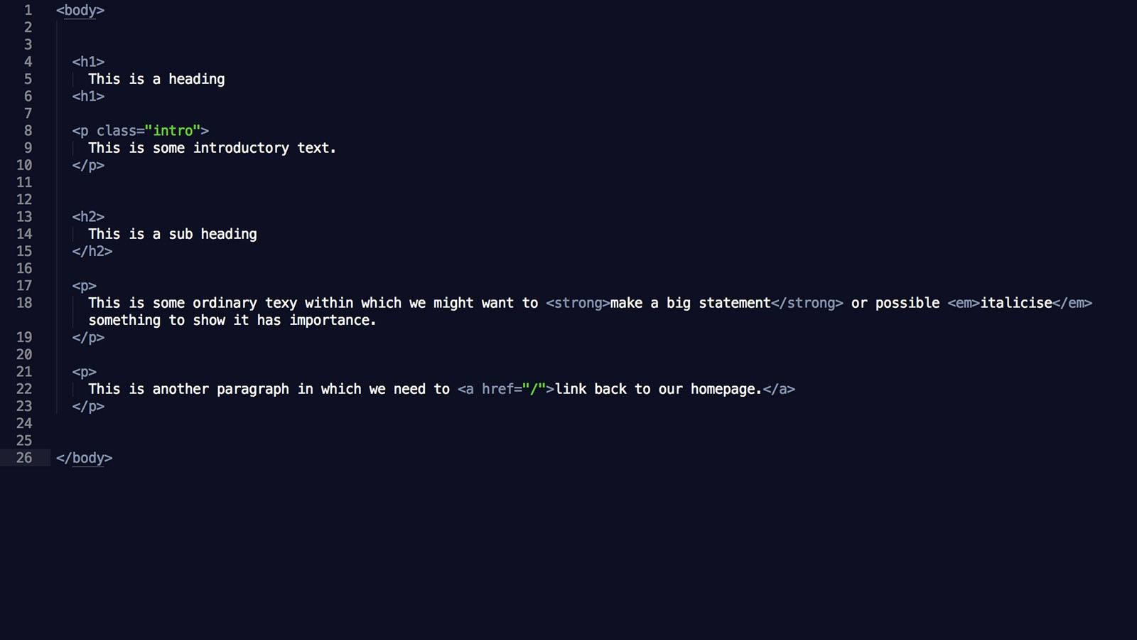 Some example HTML demonstrating <h1>, <h2>, <p>, <strong>, <em> and <a> tags.