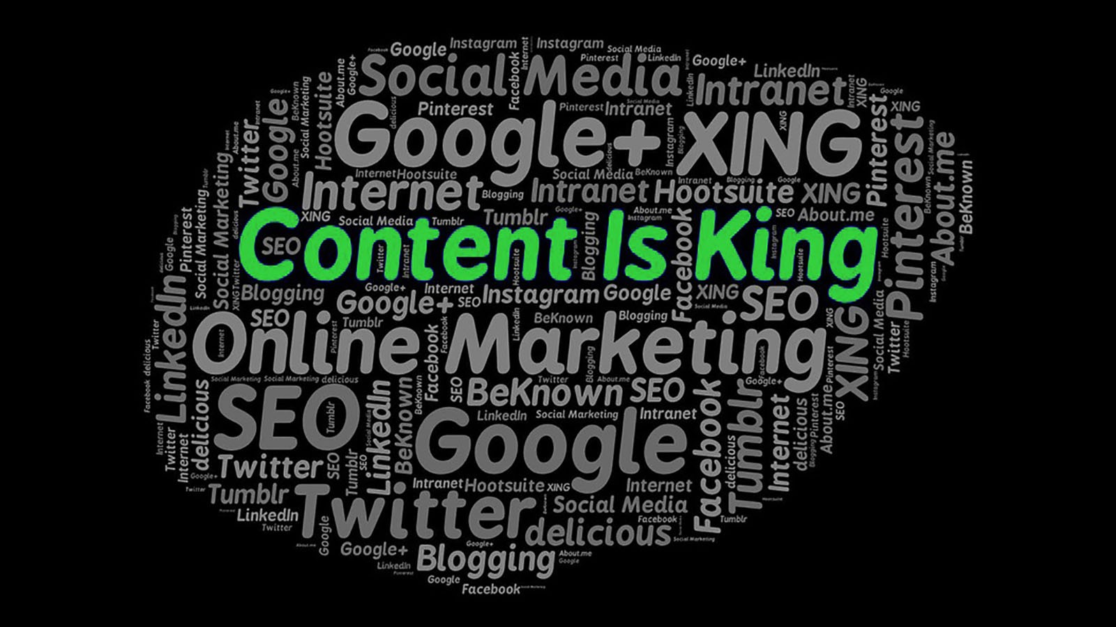 A word cloud containing many key words to do with content. In the centre in a more prominent format are the words: ‘Content is King’.