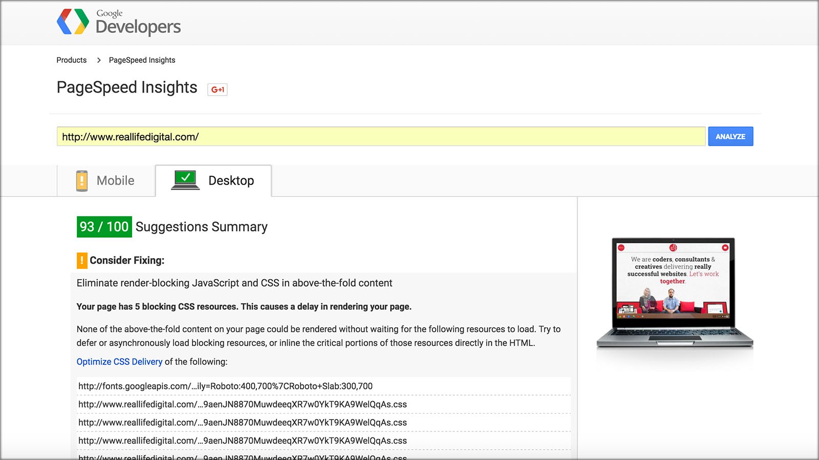 A screenshot of Google’s PageSpeed Insights in action on Real Life Digital’s website which has scored 93/100.