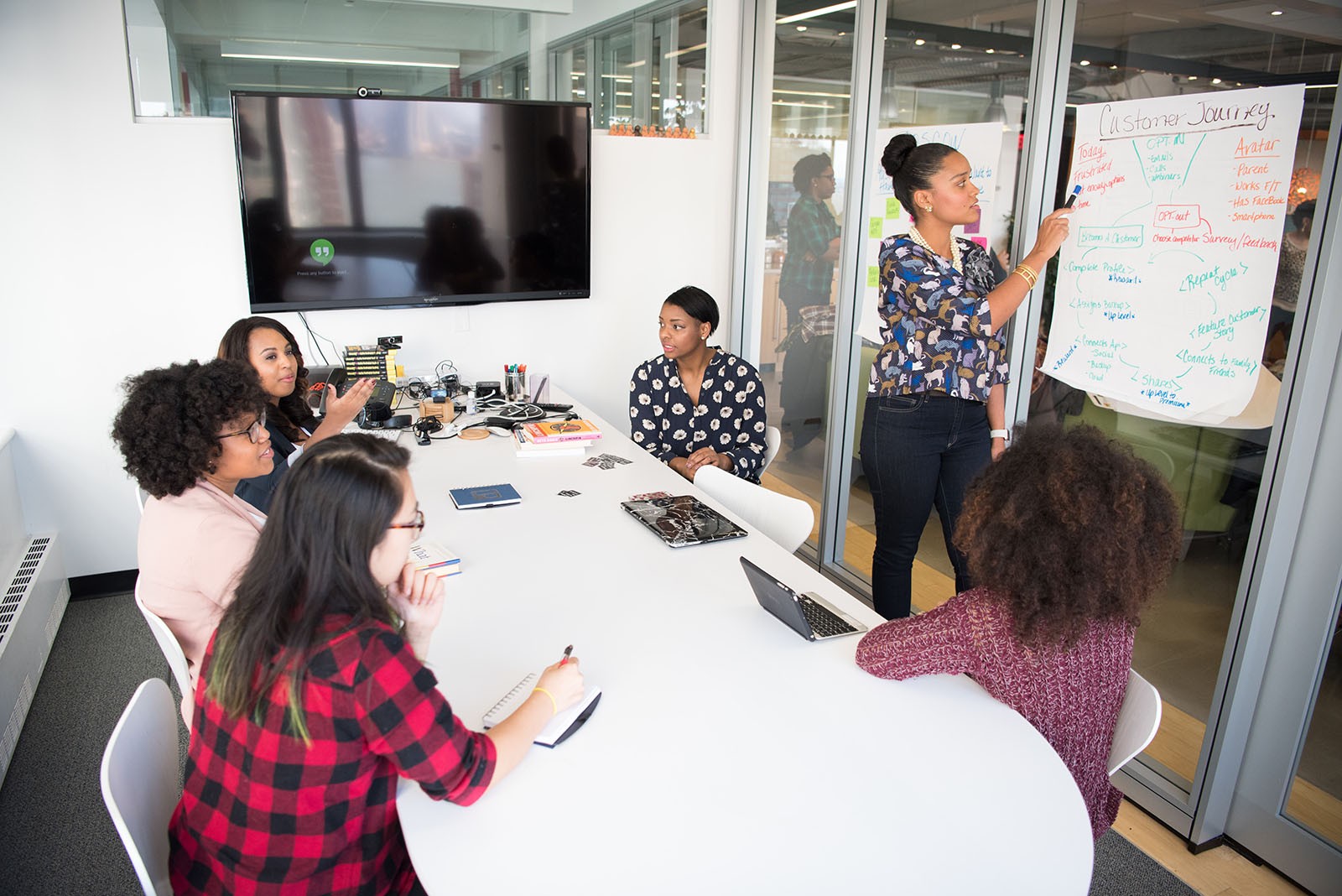 A team meeting taking place in a meeting room.