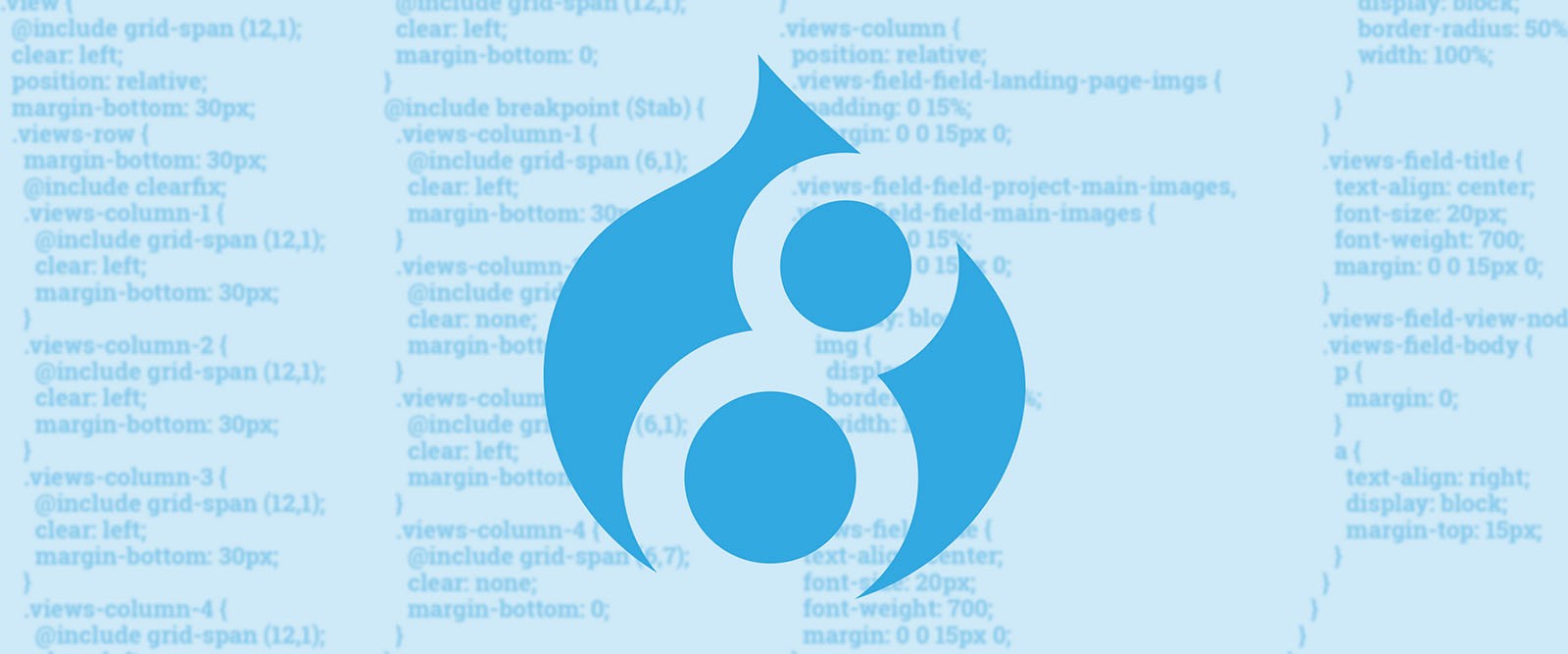 The drupal 8 logo on a blue background with some obscured lines of code.