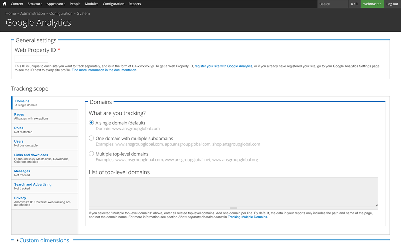 Google analytics integration screenshot.