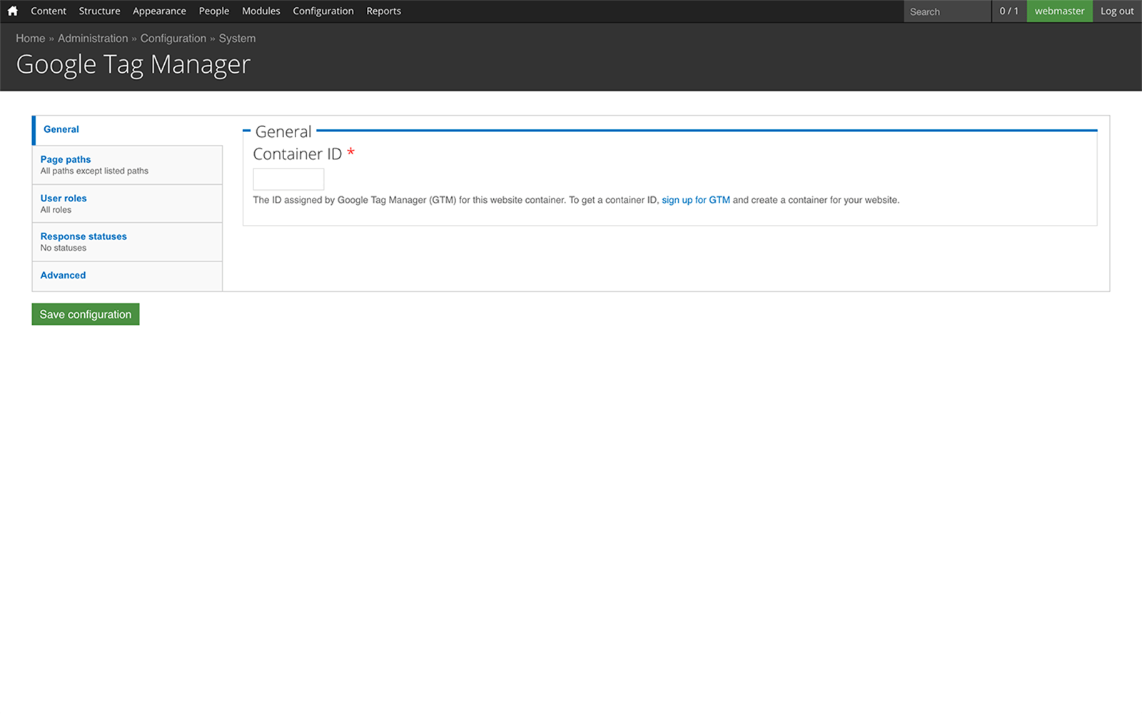 Google tag manager integration screenshot.