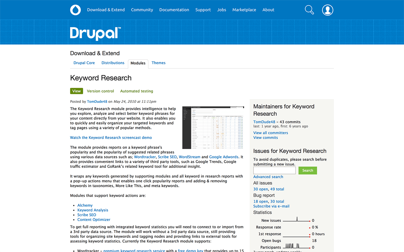 Drupal keyword research module screenshot.