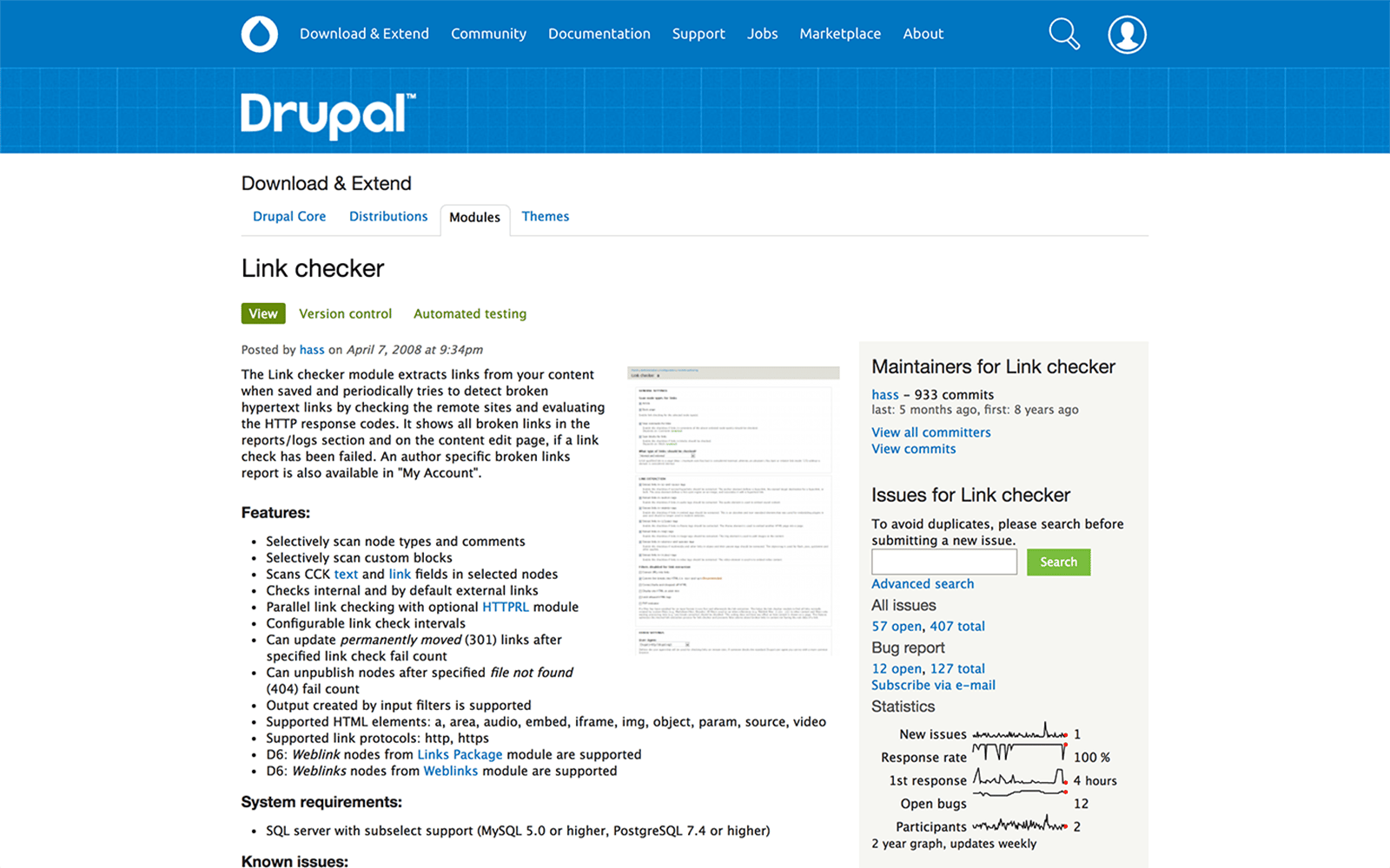 Drupal link checker module screenshot.