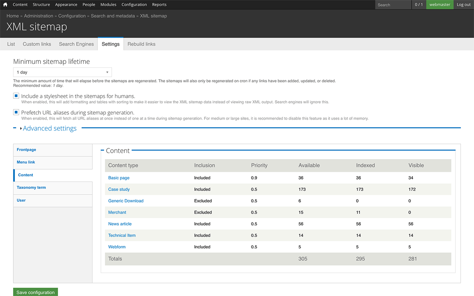 XML sitemap global settings screenshot.