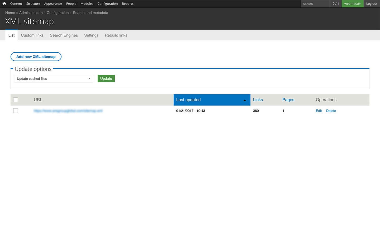XML sitemap list settings screenshot.