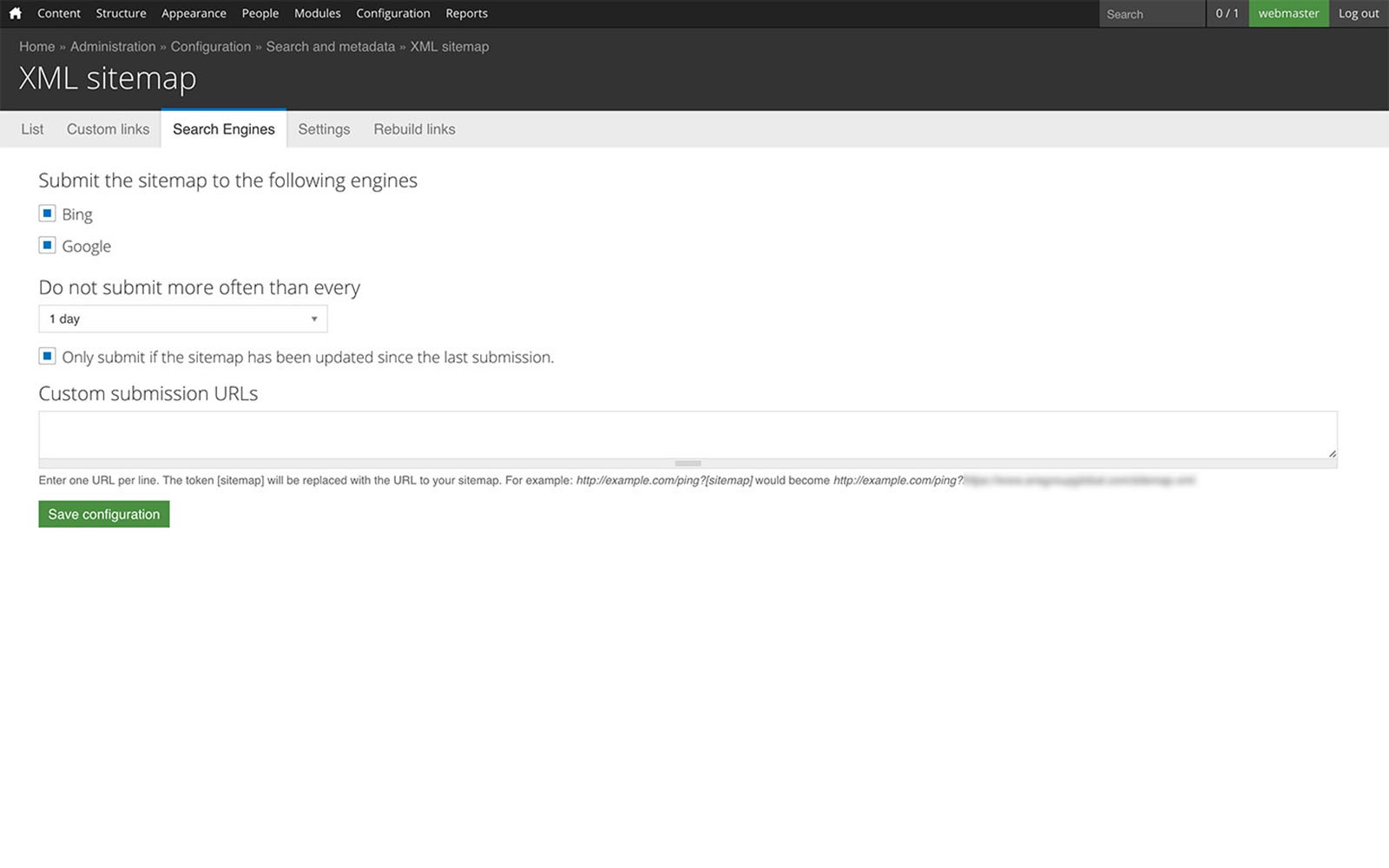 XML sitemap submission settings screenshot.