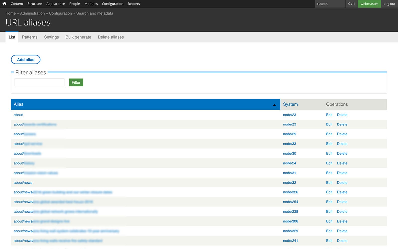 URL aliases list screenshot.