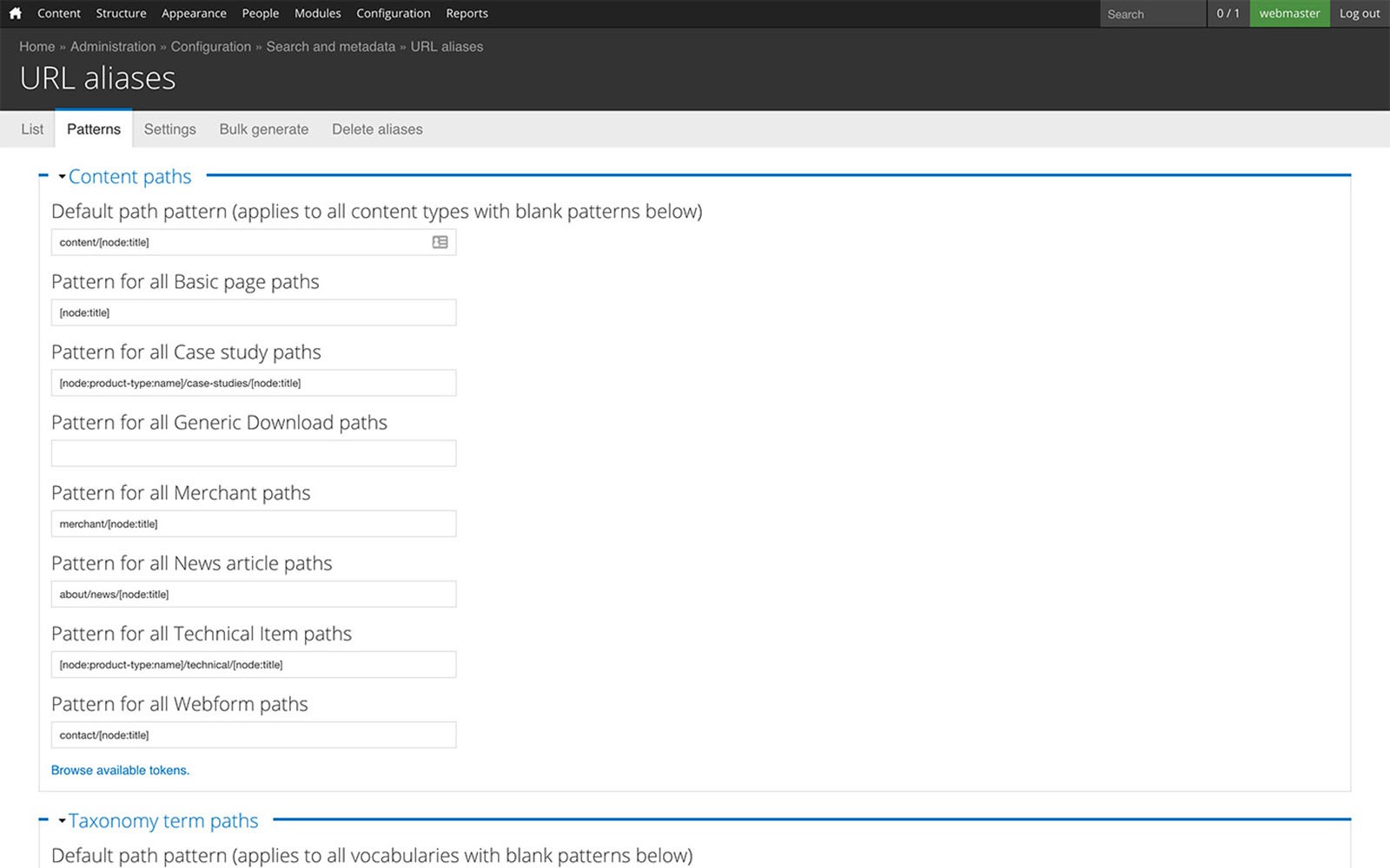 URL aliases pattern settings screenshot.