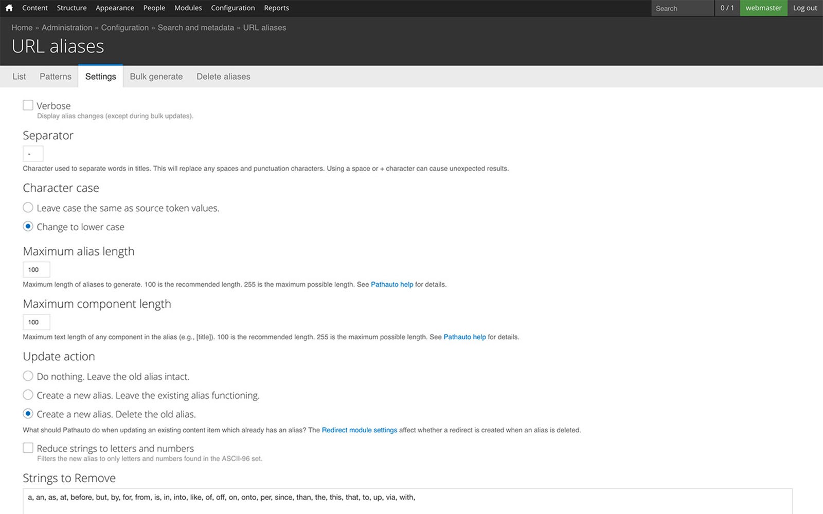 URL aliases settings screenshot.