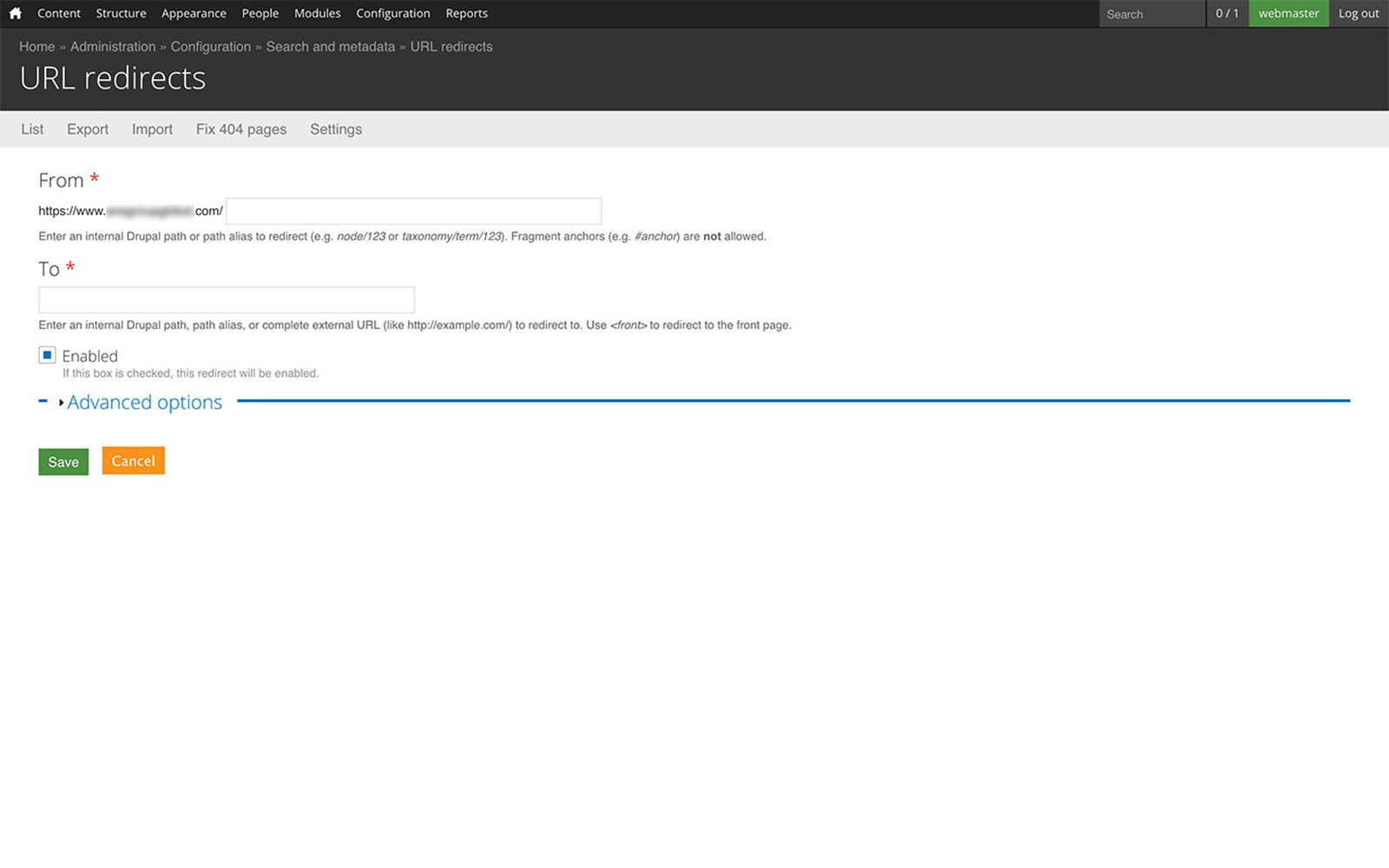 URL redirects ‘add a redirect’ screenshot.