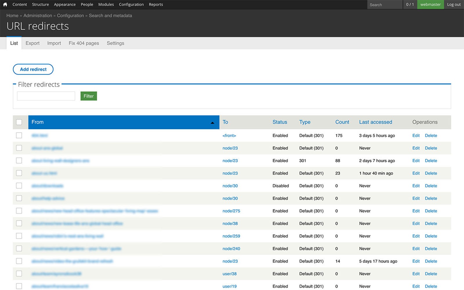 URL redirects list screenshot.