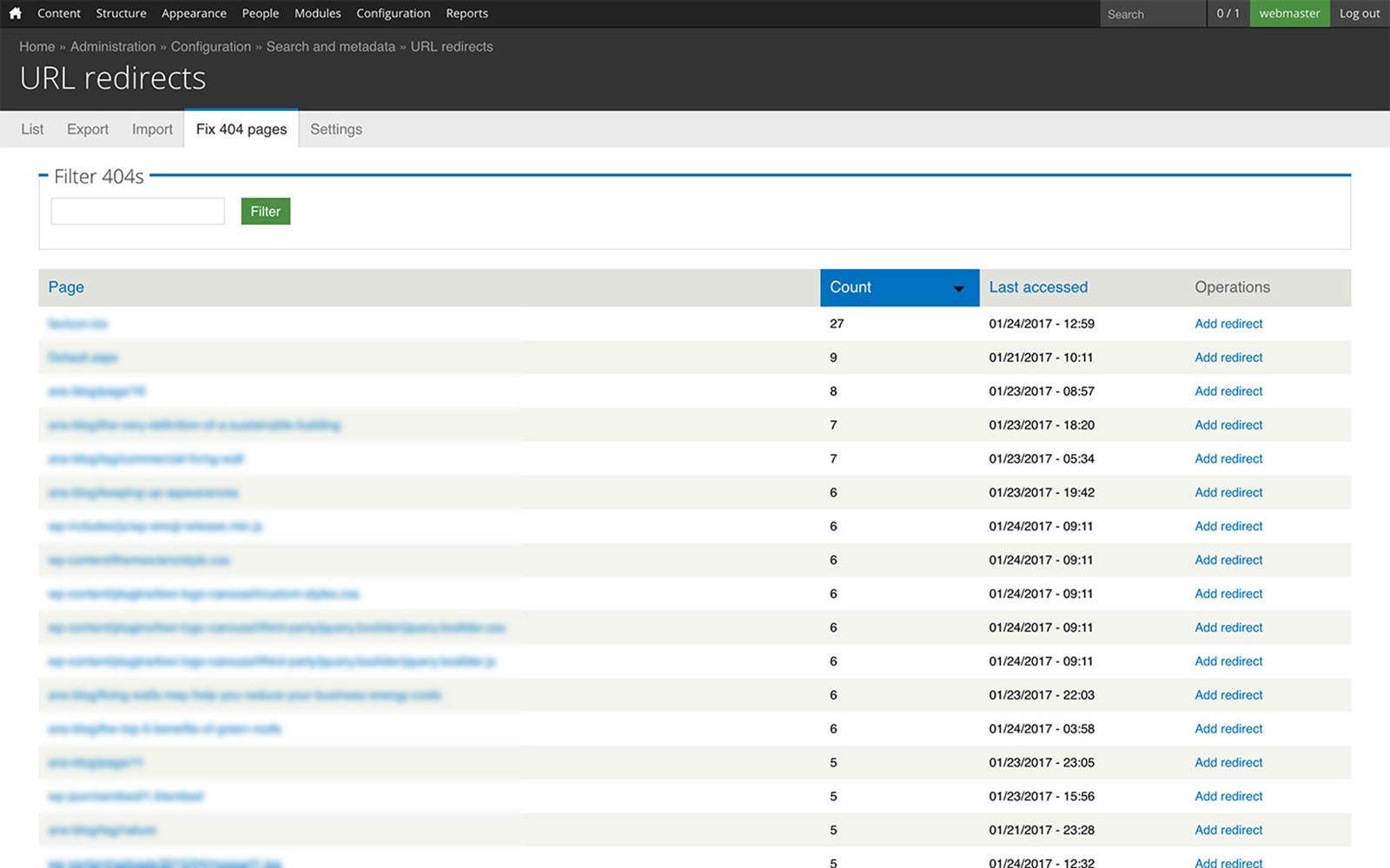 URL redirects 404 report screenshot.