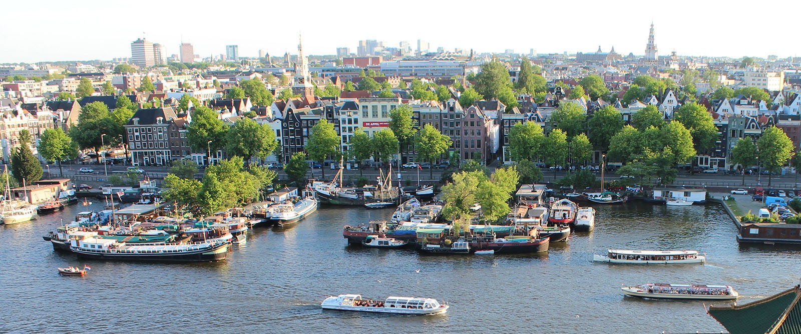 An Amsterdam Panorama - the city from afar with water, land, boats, buildings and trees.