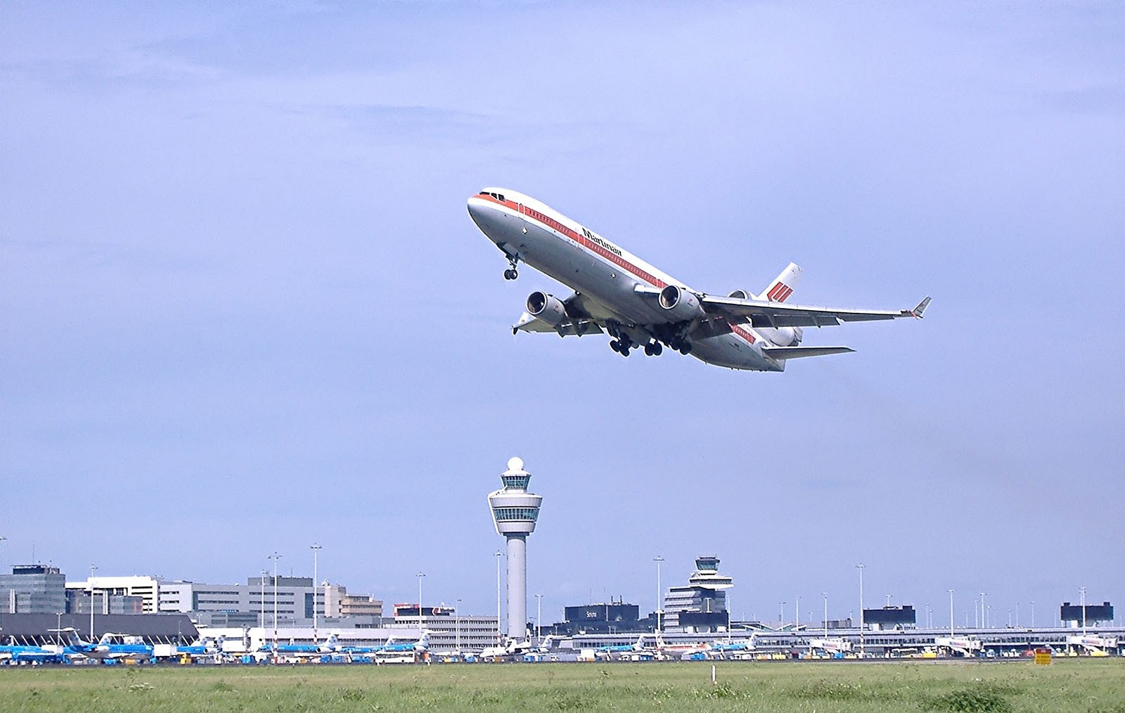 An aeroplane taking off from Schiphol airport in Amsterdam.