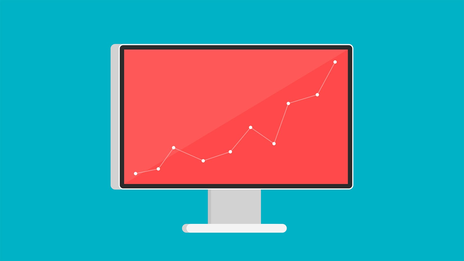 A flat design iMac showing an upward trend on the screen.