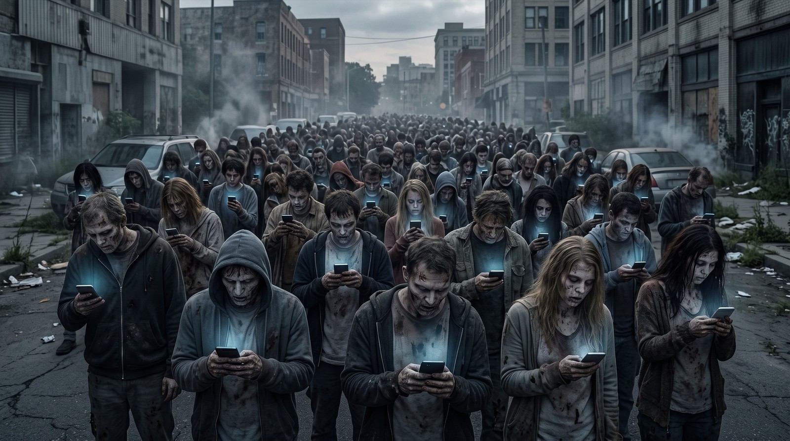 A crowd of zombies wandering aimlessly down a city street whilst looking at smart phones.