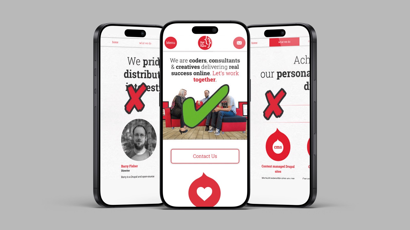 Three iPhones showing a responsive page and two that are not responsive.