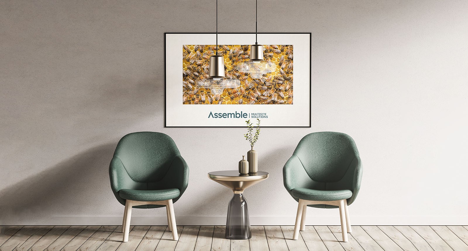 A well designed room featuring a large piece of wall art featuring a bee hive and the Pivale Assemble: Multisite Solutions branding.