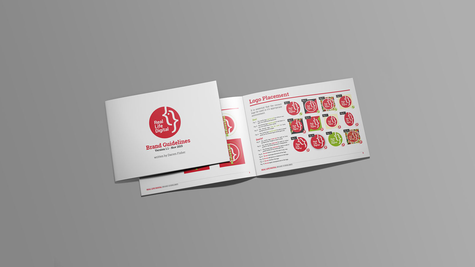 Two copies of Real Life Digital's branding documents - one closed showing the cover, and the other open showing the contents