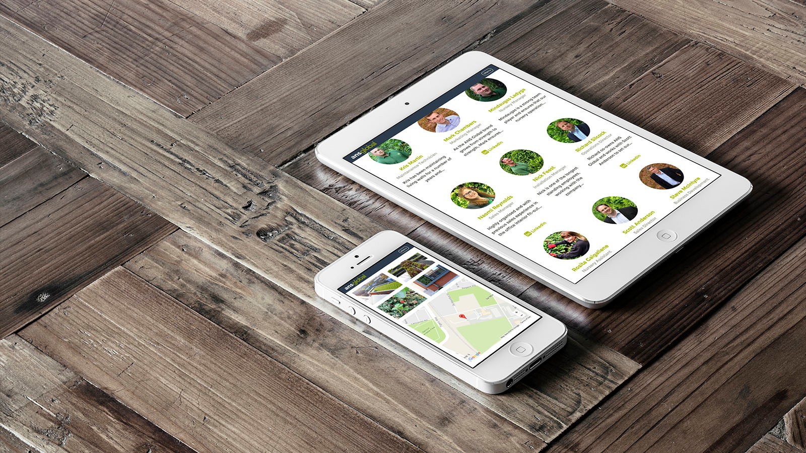 An ANS Global case study page on an iPhone and the team page on an iPad.