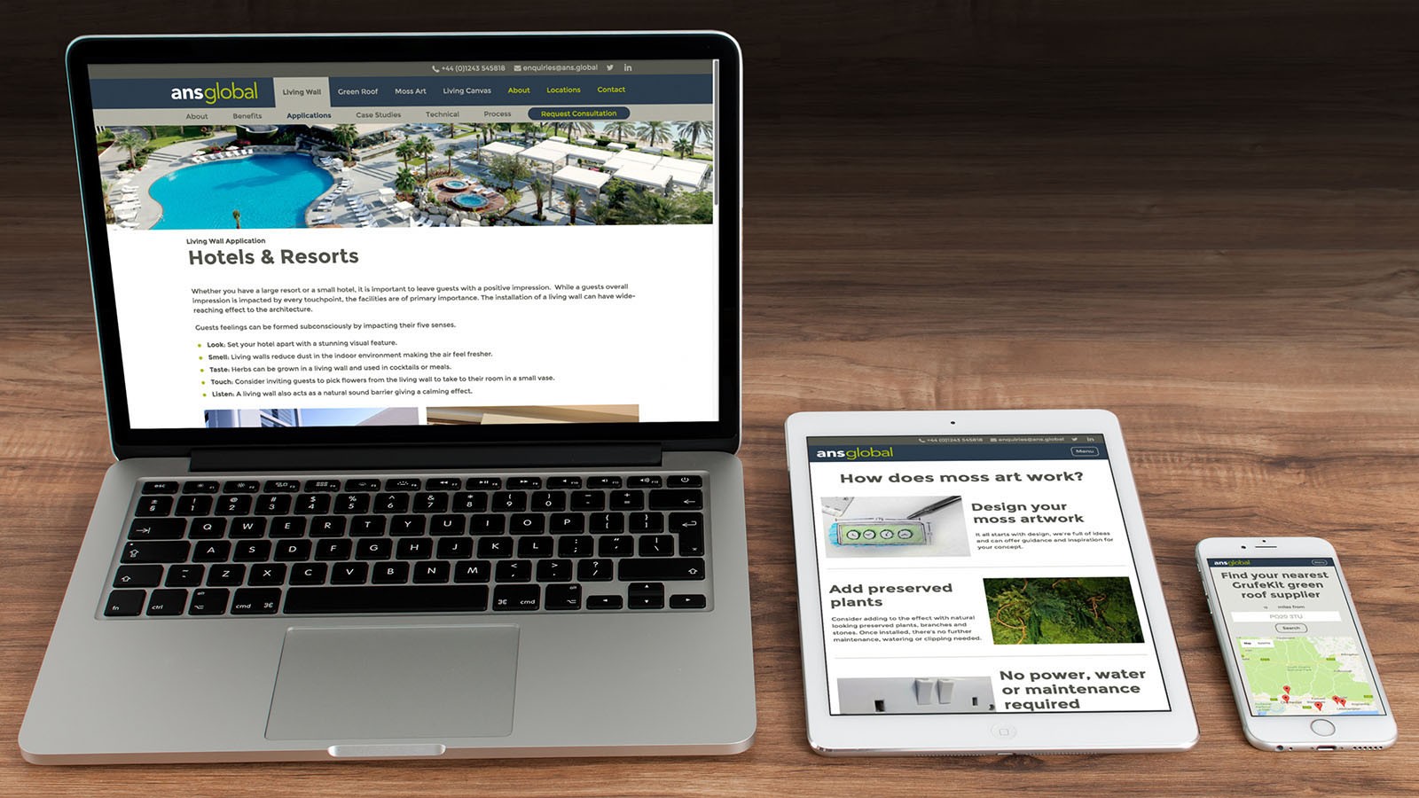 ANS Global's hotels and resorts page on a MacBook, moss art page on an iPad and GrufeKit supplier finder on an iPhone.