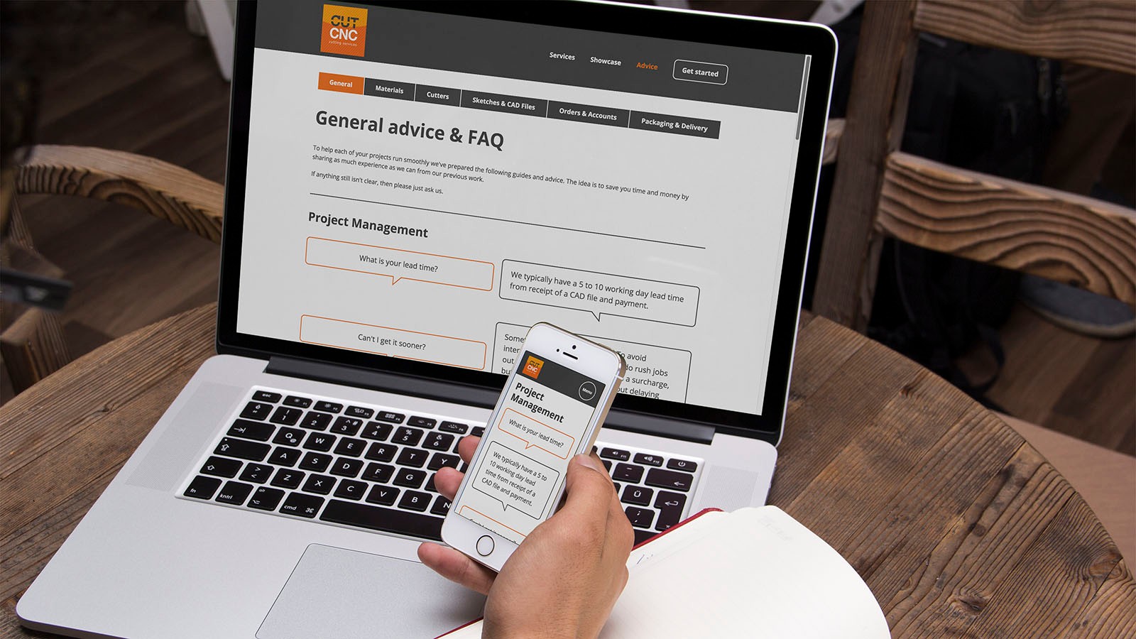 CUTcnc's FAQ page on an Apple MacBook and an iPhone.