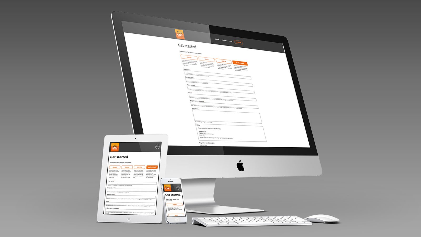 CUTcnc's quotation form page on an Apple iMac, an iPad and an iPhone.