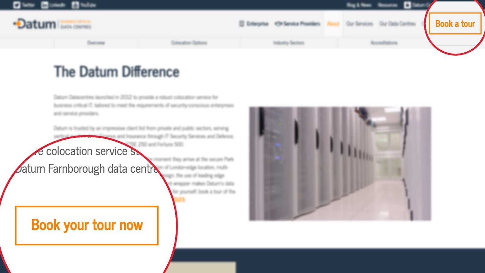 An example page from the Datum website highlighting the calls to action to book a tour.