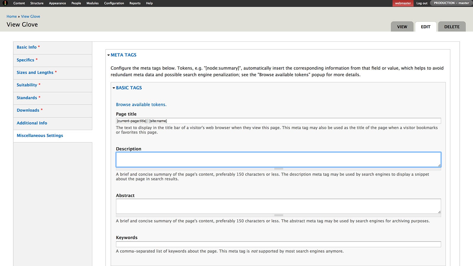 Editing a page's meta tags in Drupal on the Traffi website.