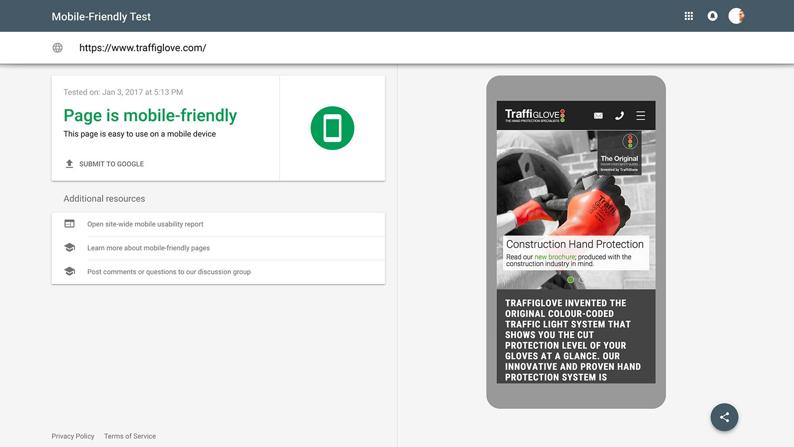 Google's mobile-friendly test showing that the Traffi website passes.