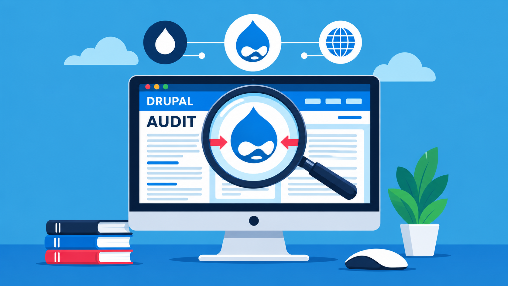 Illustration of a computer screen showing a Drupal audit page, with a magnifying glass over the Drupal logo.