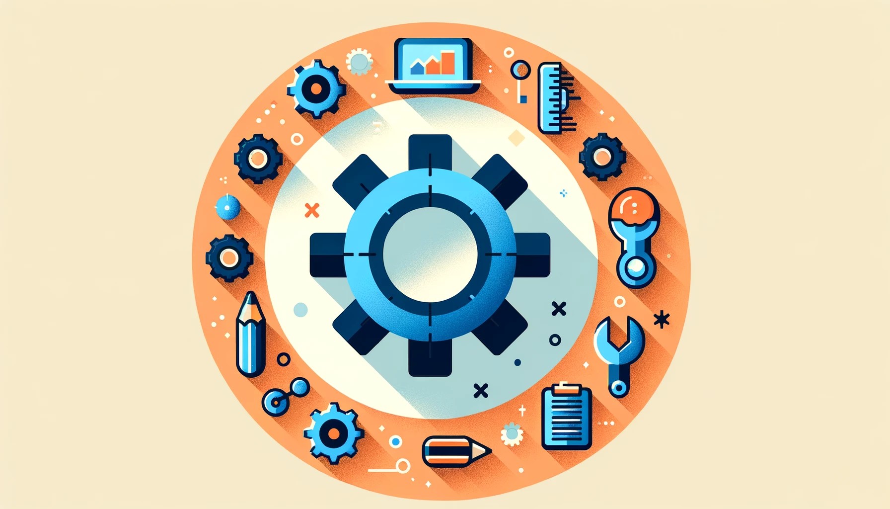 Illustration of a cog with surrounding technical drawings