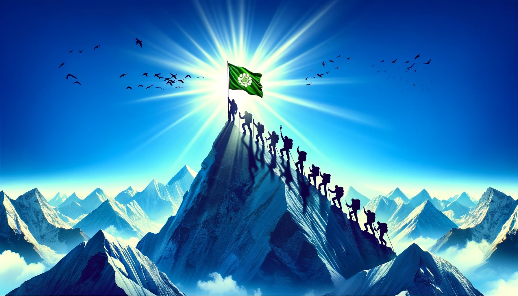 Illustration of people climbing a mountain peak with a successful free flag flown from the top