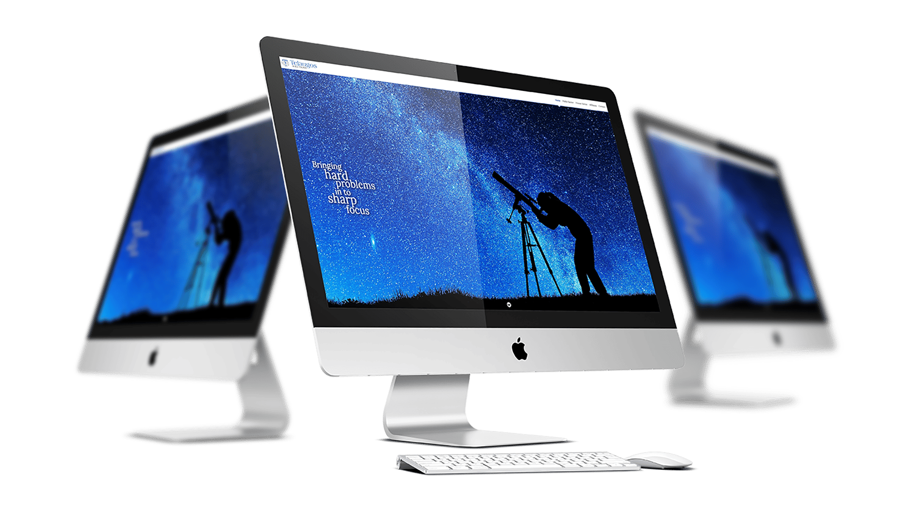 The Telaugos Solutions website on three iMacs.