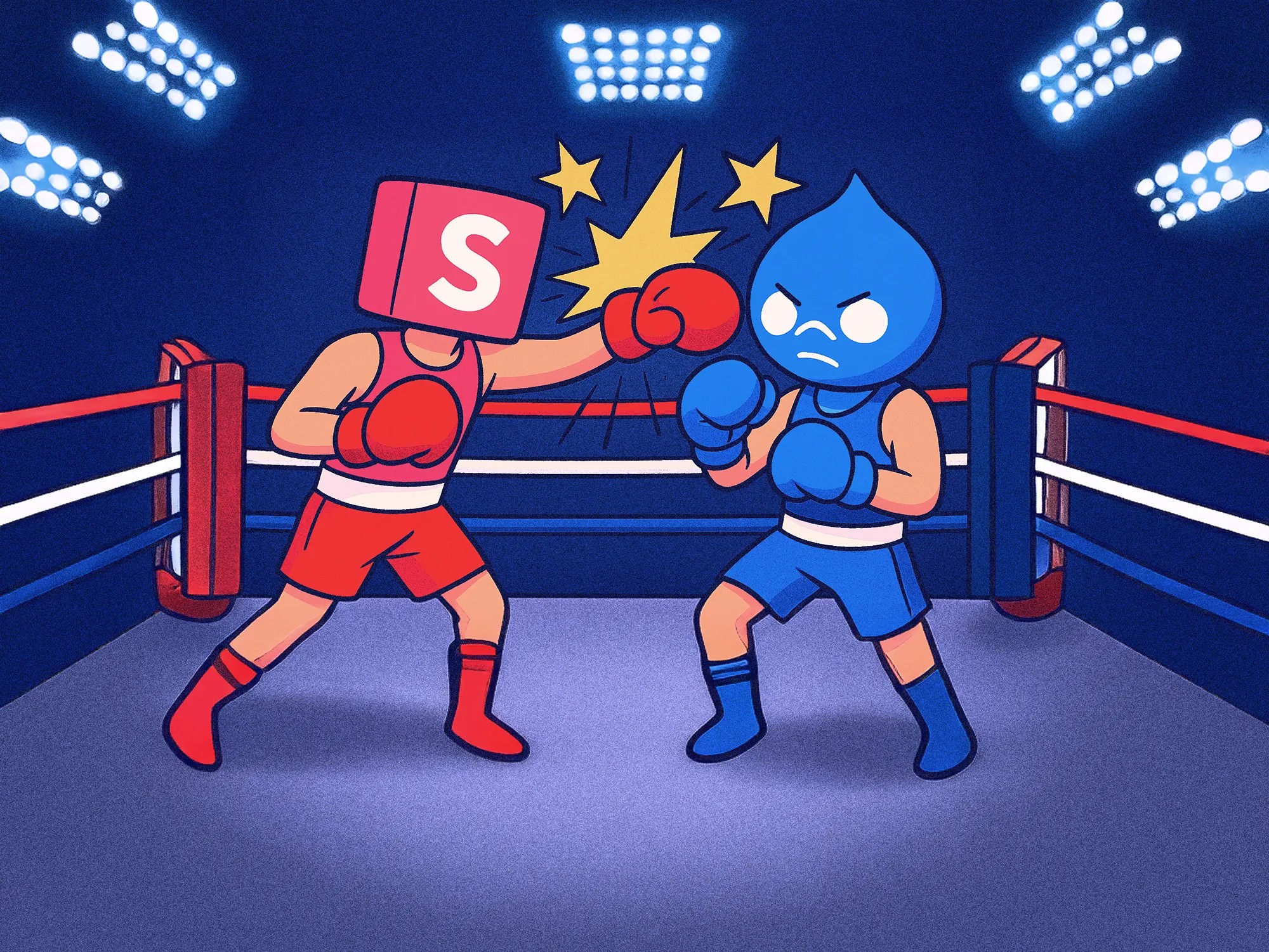 A Drupal SDC boxer dressed in blue fighting with a Storybook boxer dressed in red to become the component library champion.