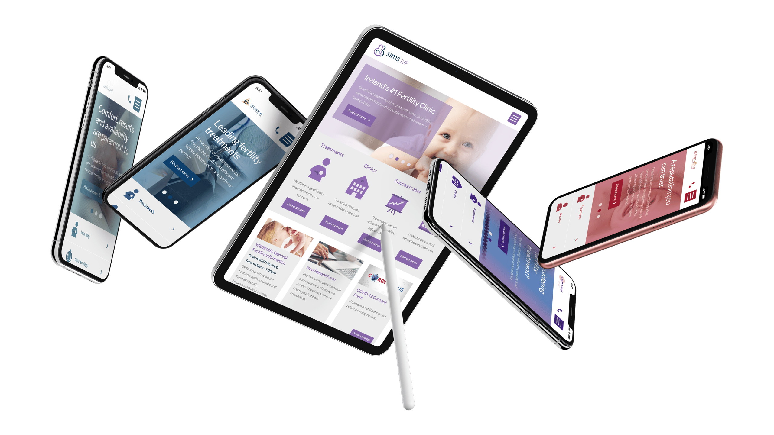 Virtus Health's European websites shown on a variety of phones and tablets.