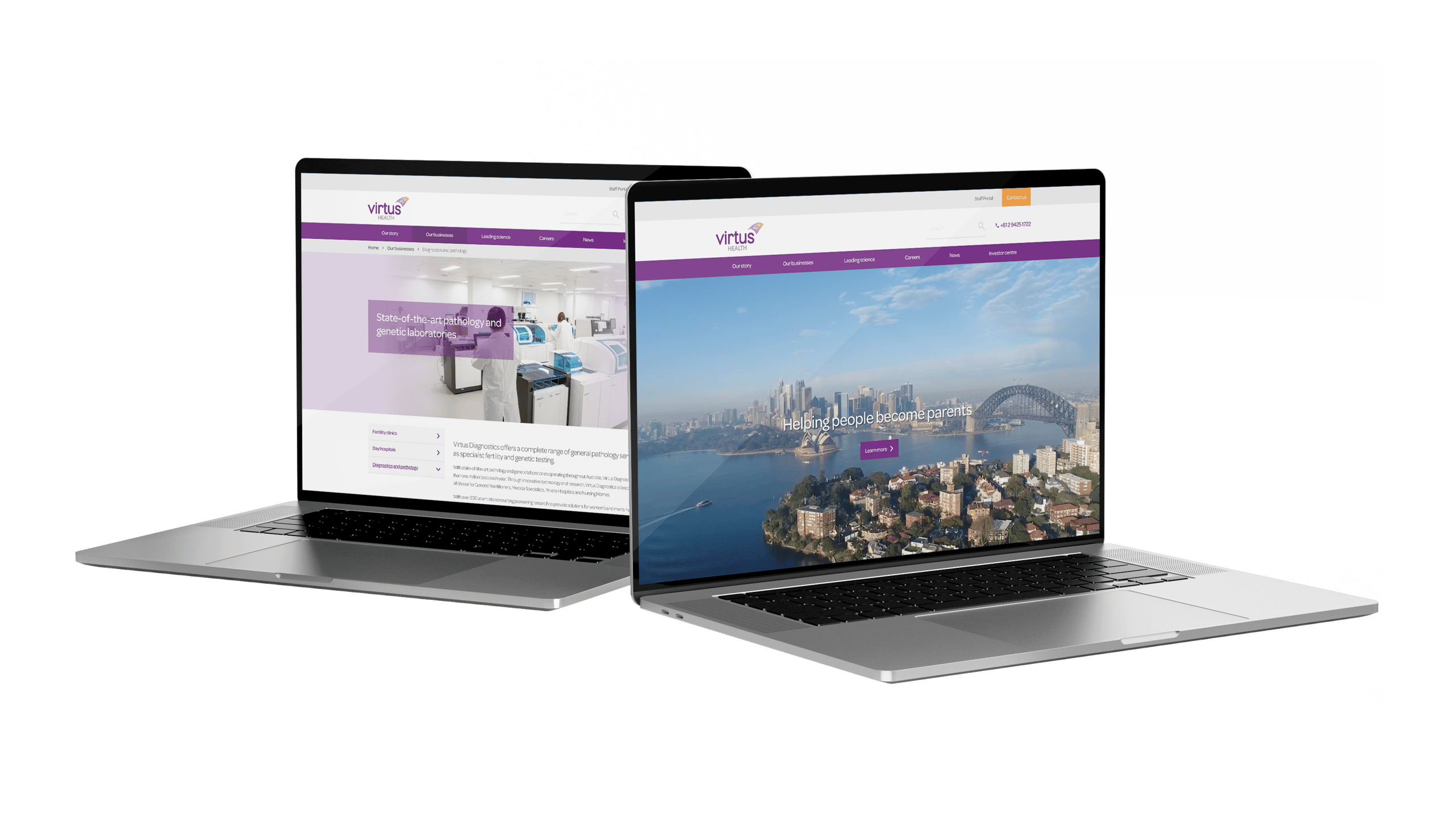 The Virtus Health corporate website shown on two laptops.