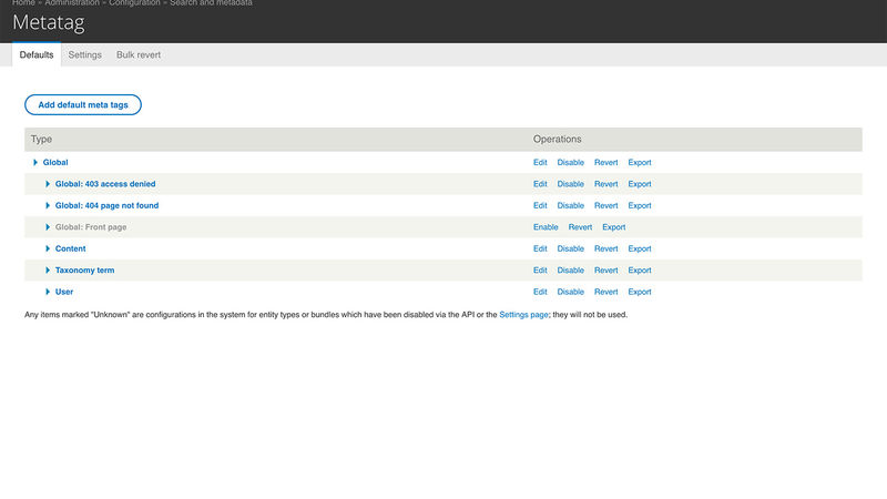 Metatag defaults screenshot.