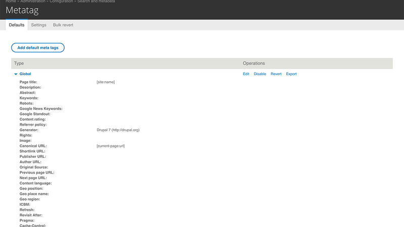 Metatag global settings screenshot, part 1 of 5.