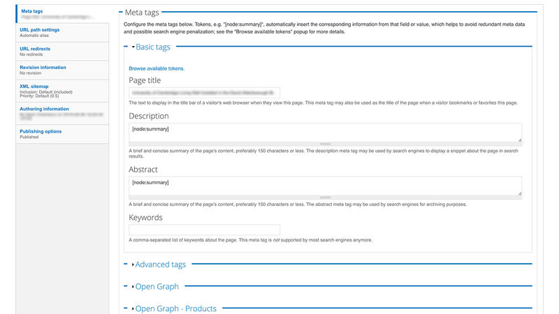 Metatag content settings screenshot, part 1 of 16.